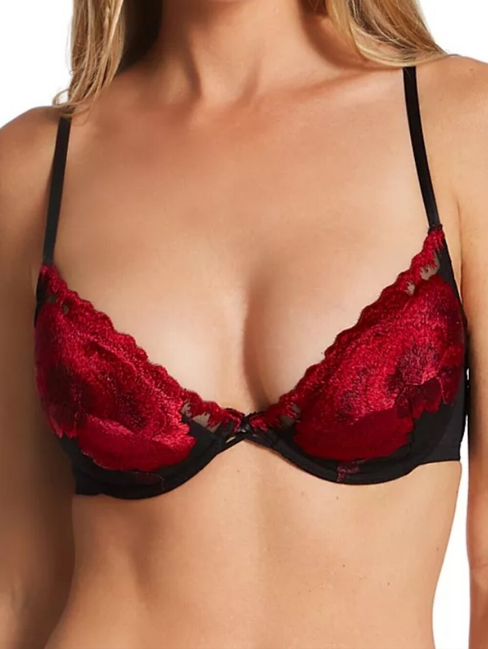 NATORI 32DDD NATORIOUS EMBROIDERED  DEMI  UNDERWIRE BRA IN BLACK/STRAWBERRY
